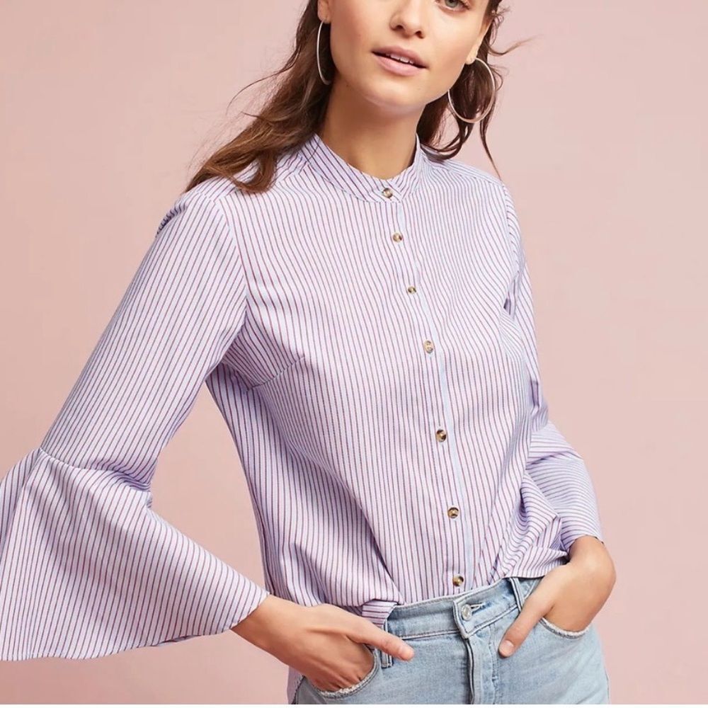 Anthropologie Maeve women’s 2 striped poplin button down flute sleeve top preppy